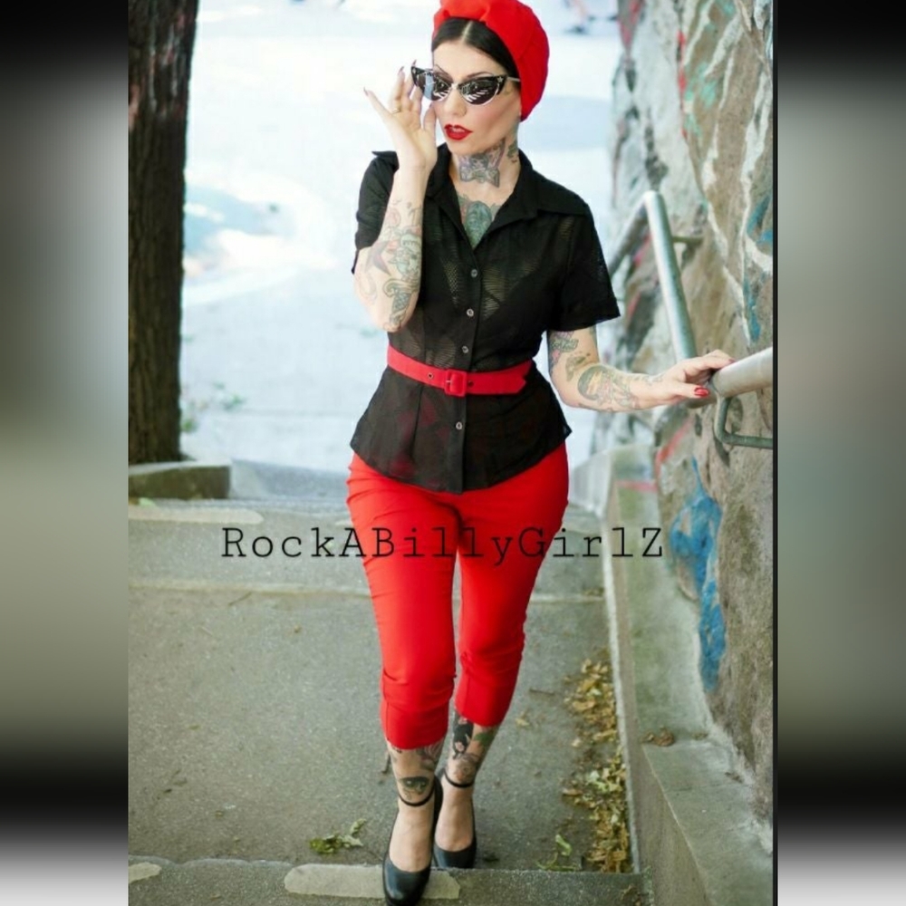 Tatyana Luisa Retro 1950's Pinup Bombshell Red High Waist Stretch Capri Pants